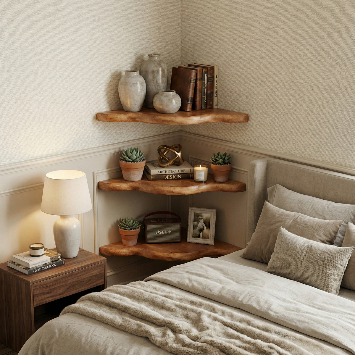 Rustic Floating Corner Shelf, Wall Mounted Solid Wood Display Shelves for Living Room, Bedroom & Office, Accent Decor