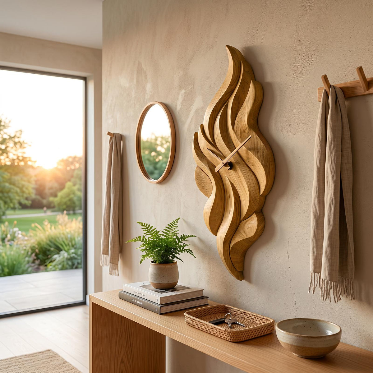 Modern Wooden Wall Clock with Sculptural Wave Carving, Handcrafted Abstract Wood Art Clock for Home Decor