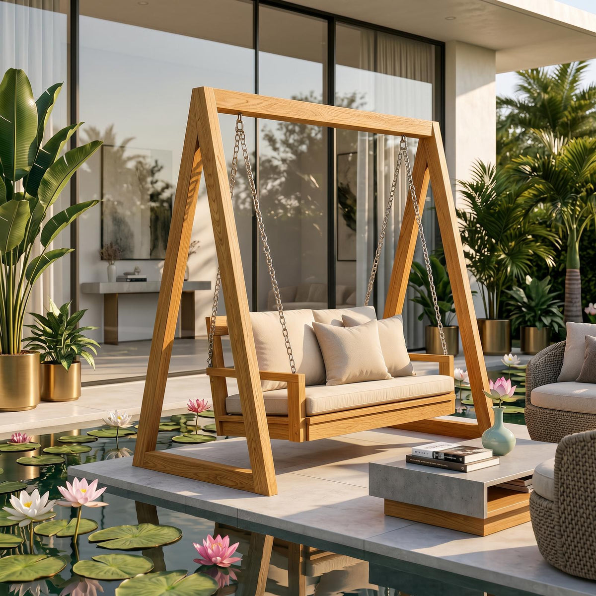 Luxury Wooden Swing Sofa Water Garden Retreat