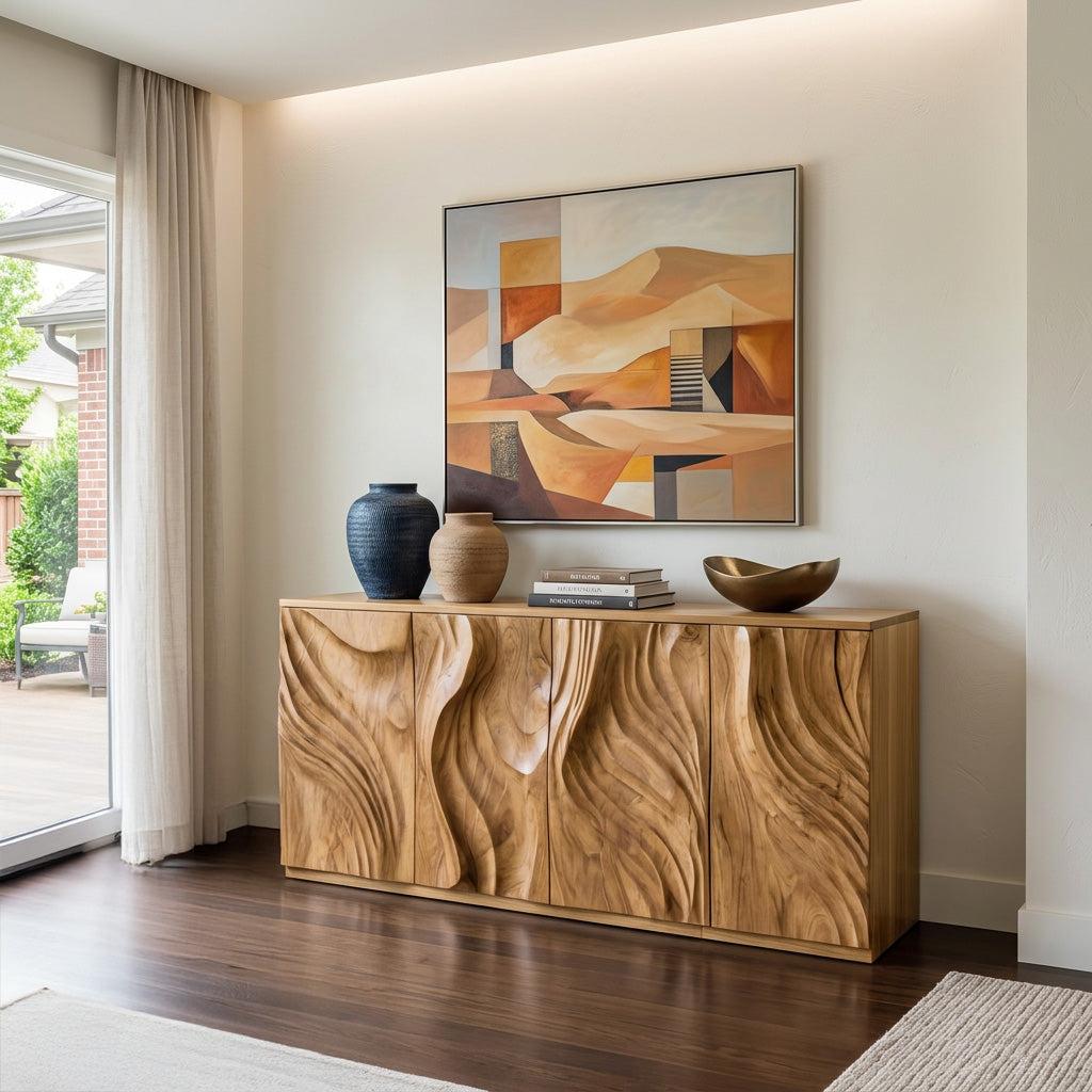 Spry Interior Luxury Solid Wood Credenza with Sculpted Doors, Mid-Century Modern Sideboard Cabinet for Living Room Storage, RTTHHNSD006