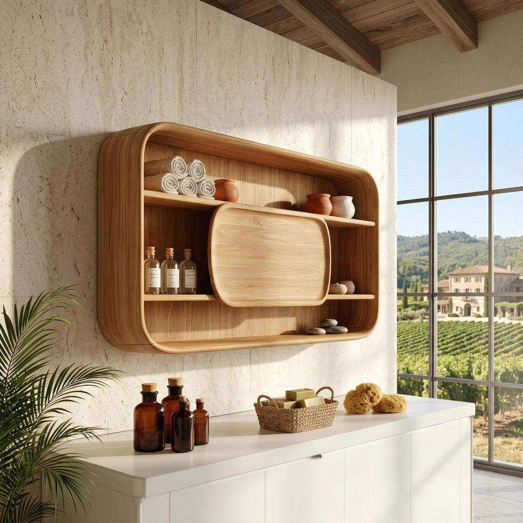 Spry Interior Contemporary Rounded Bathroom Cabinet, Solid Wood Luxury Suite Vanity Organiser Credenza, SILDTTRBRC011