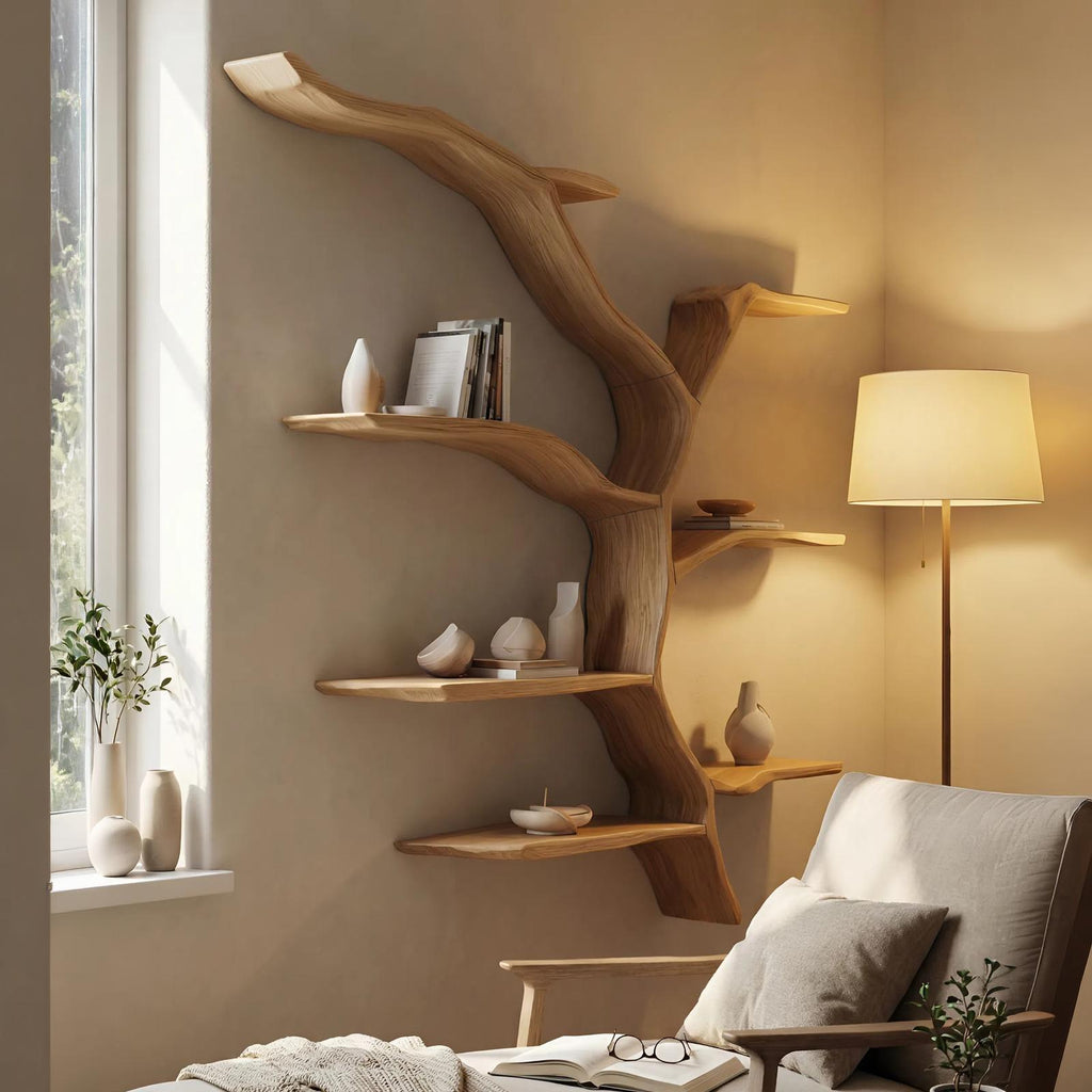 Mid Century Wooden Wall Shelf, Handcrafted Solid Wood Floating Storage Rack, Modern Wall Display Ledge Bookshelf for Living Room