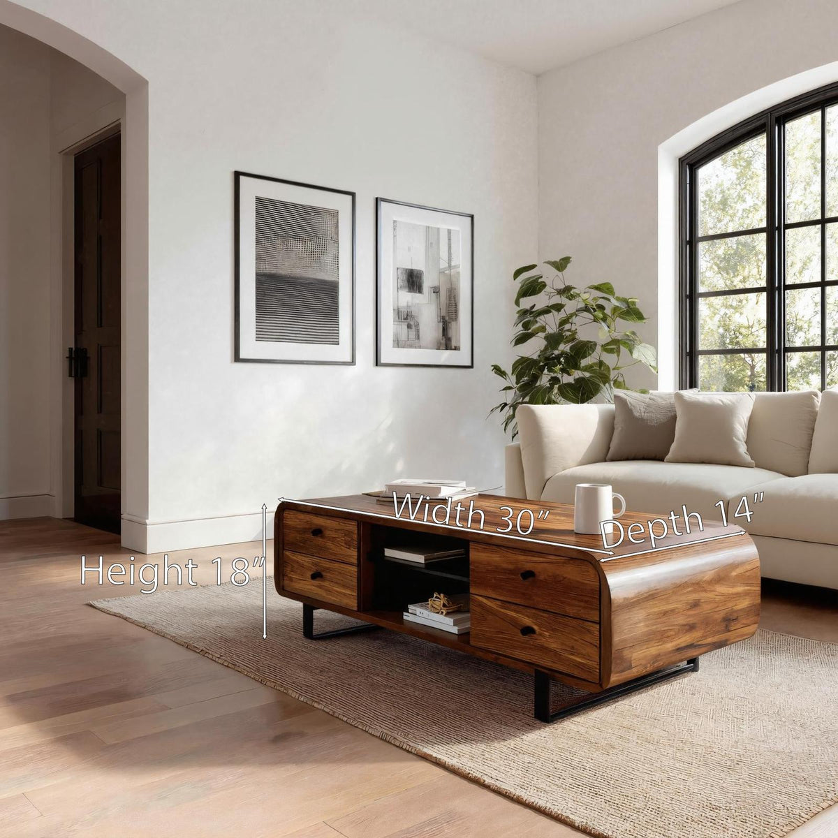 Contemporary Wooden Coffee Table with Drawer & Open Shelf, Handcrafted Living Room Storage Center Table, Model