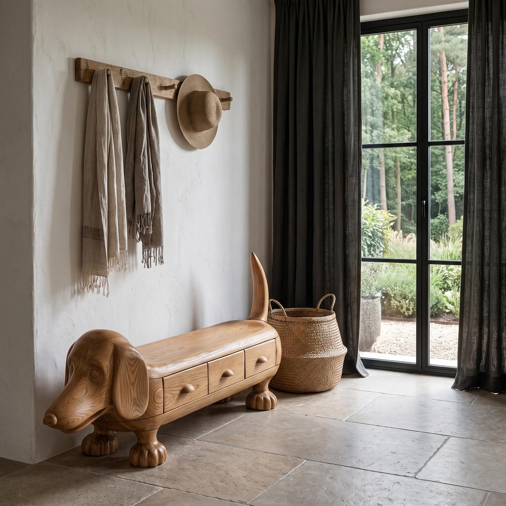 Rustic Dachshund Storage Bench For Entryway And Mudroom
