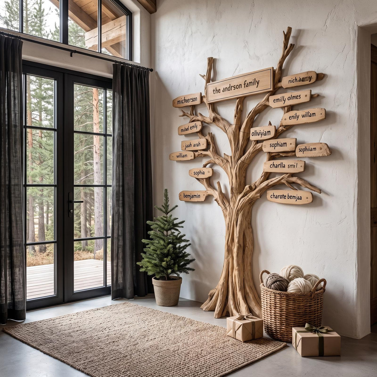Contemporary Family Tree Wall Art With Custom Name Plaques For Entryway And Foyer