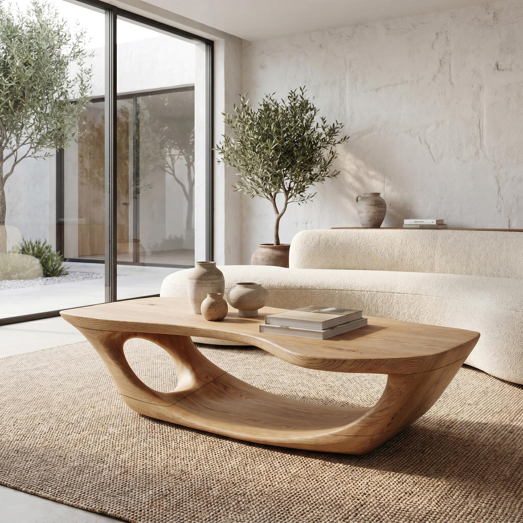 Wabi Sabi Solid Wood Coffee Table, Handcrafted Organic Wood Center Table for Rustic Living Room and Lounge