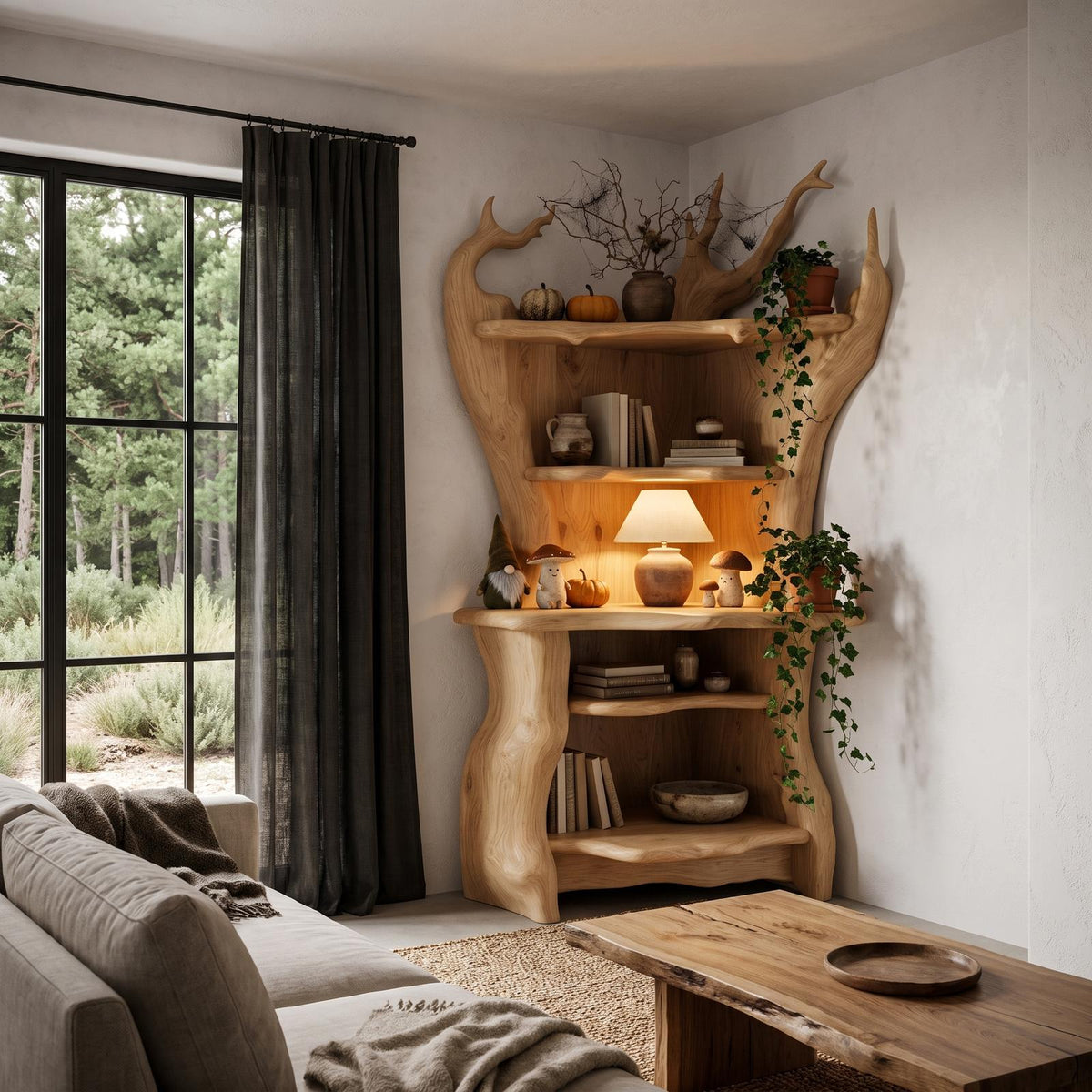 Rustic Corner Bookcase With Live Edge Shelves For Reading Nook