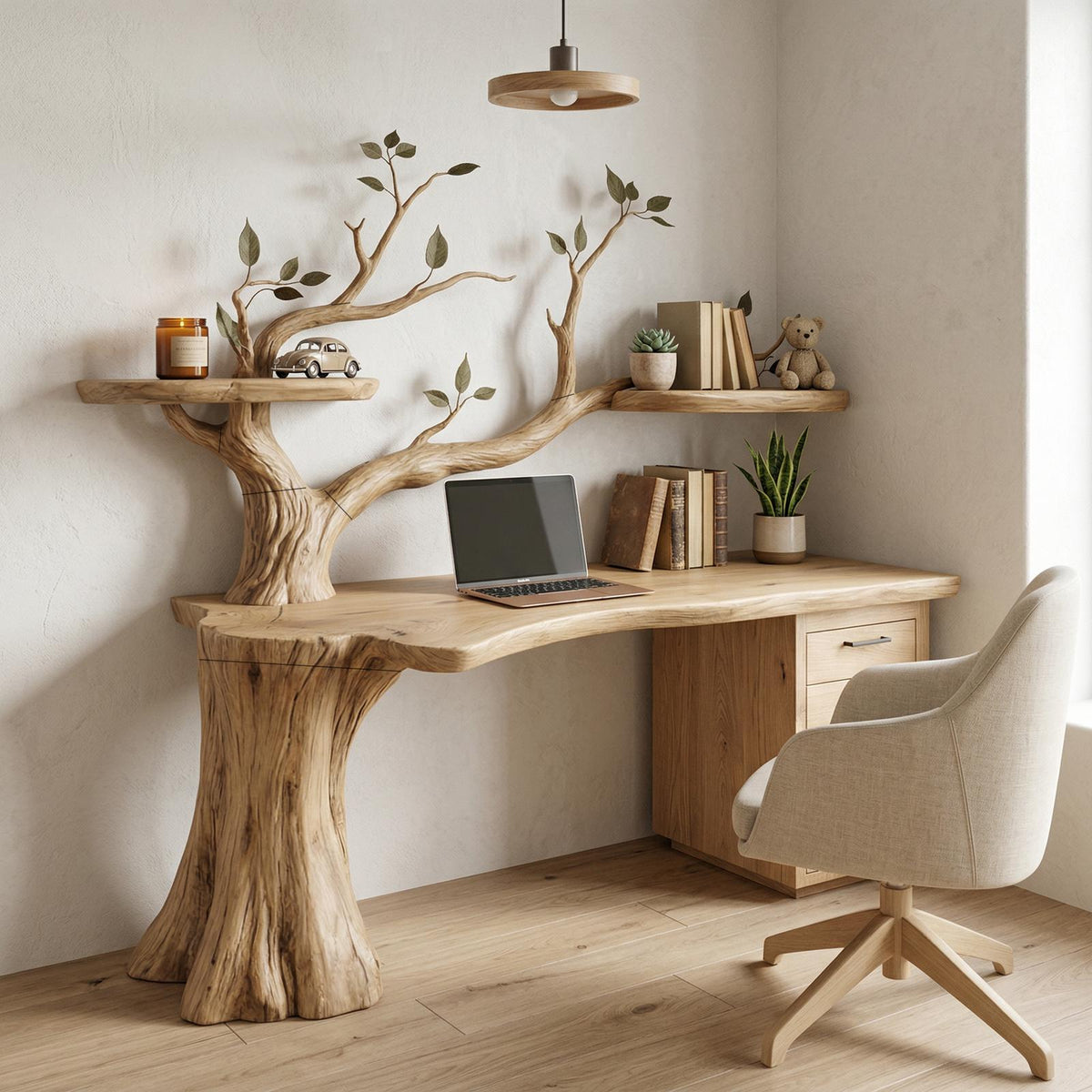 Sculptural Tree Desk With Floating Shelf Natural Branch Design Home Office And Workspace