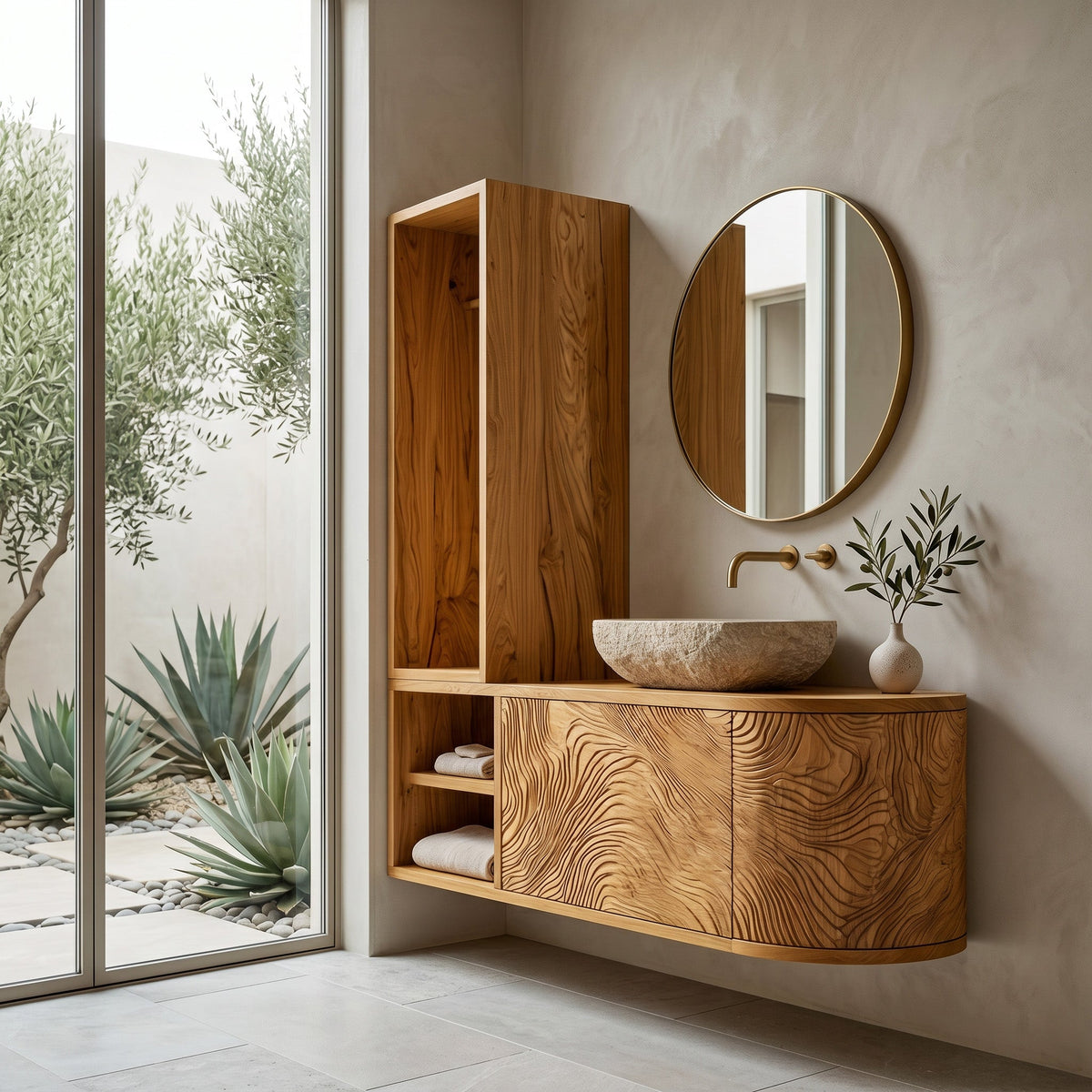 Organic Carved Bathroom Vanity With Linen Tower Side For Bathroom