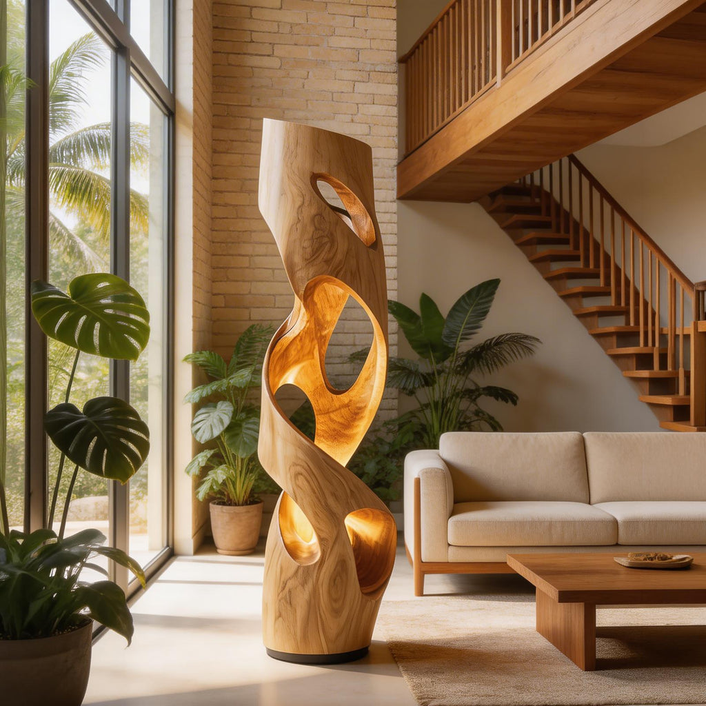 Organic Accent Table Lamp, Natural Wood Decorative Light for Kitchen, Dining & Living Room