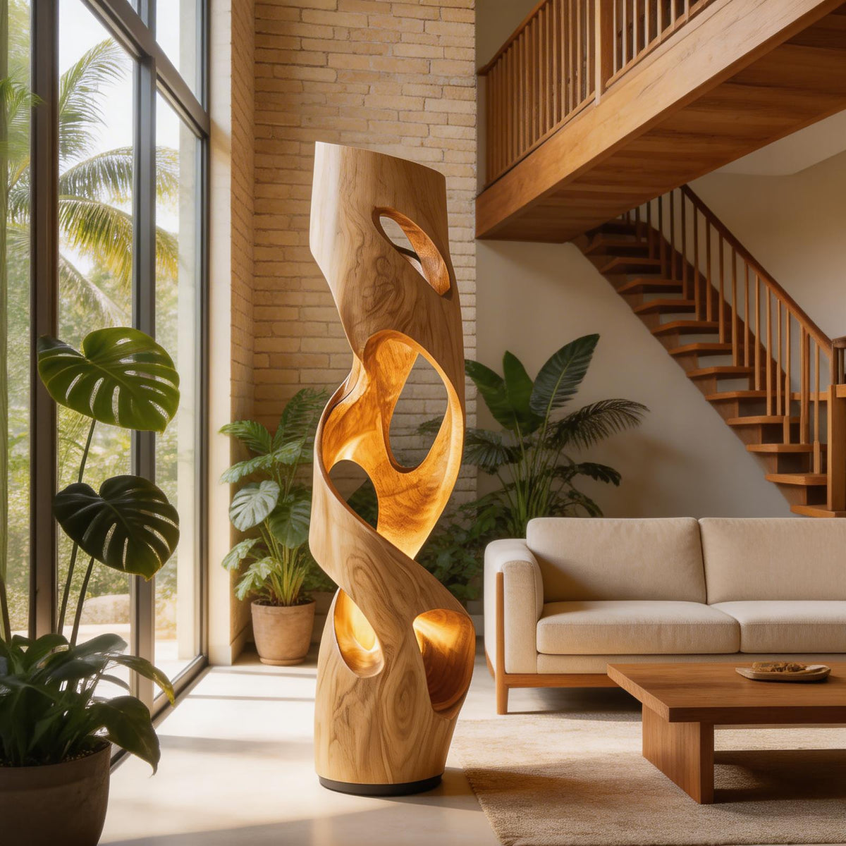 Organic Accent Table Lamp, Natural Wood Decorative Light for Kitchen, Dining & Living Room