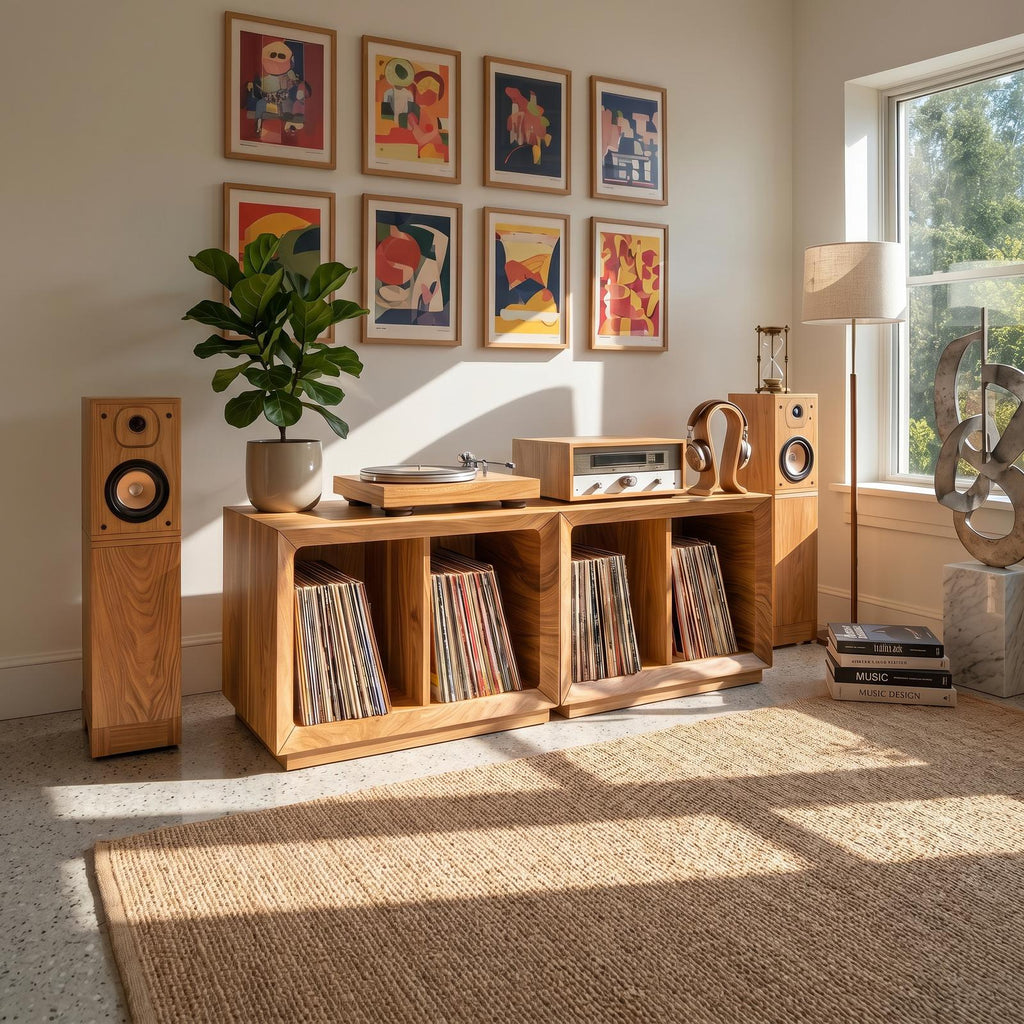 Contemporary Modular Wood Vinyl Storage Cabinet, Handcrafted LP Album Shelf Organizer for Audiophile Lounge, Model