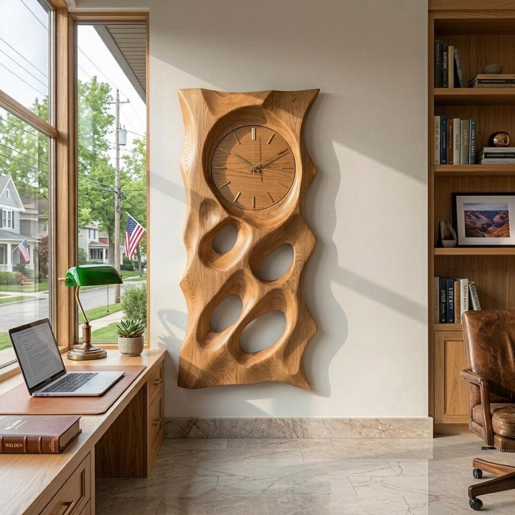 Modern Organic Wooden Wall Clock, 3D Hand-Carved Hollow Wood Hanging Clock for Living Room & Home Office Decor