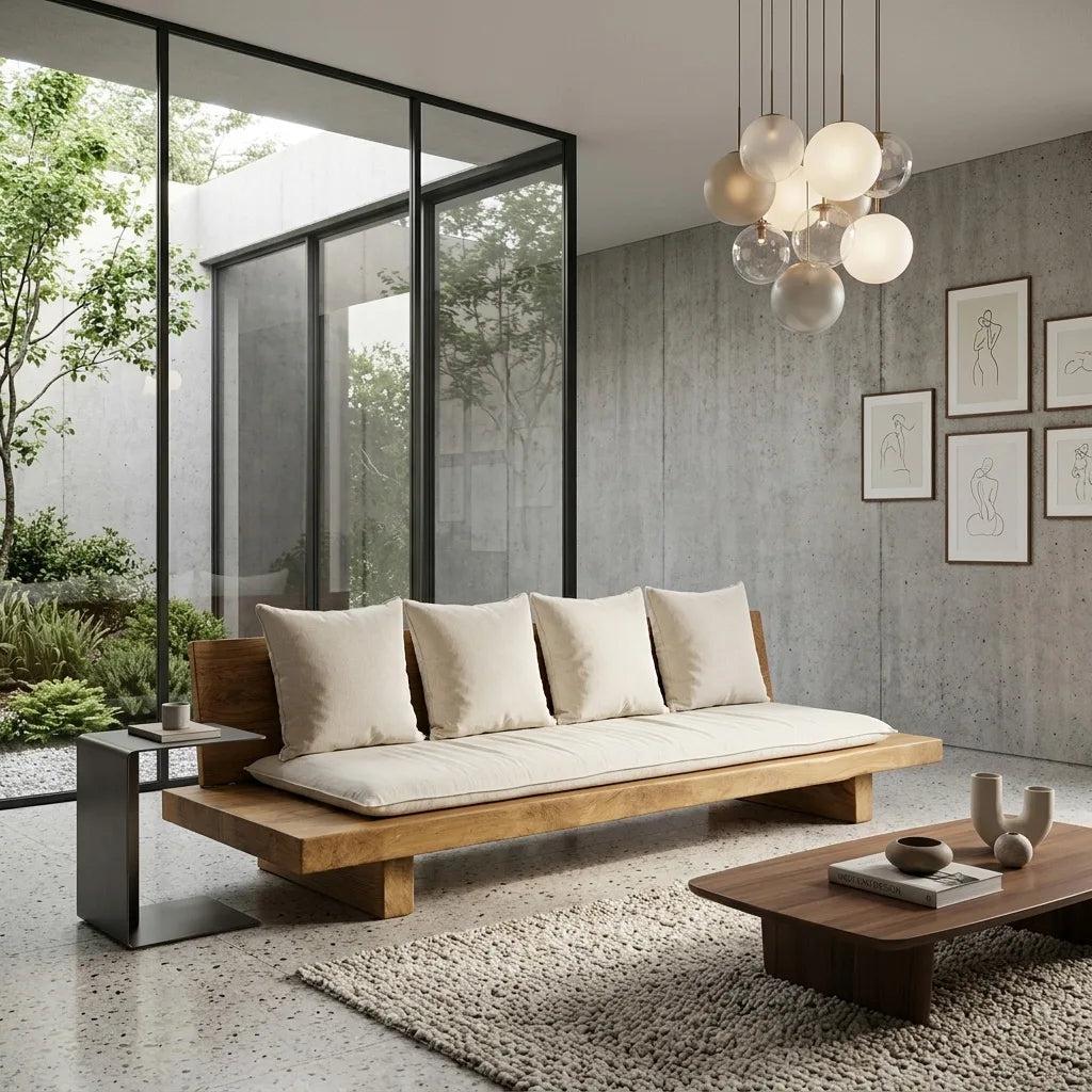 Minimalist Wooden Sofa With Cushions For Living Room