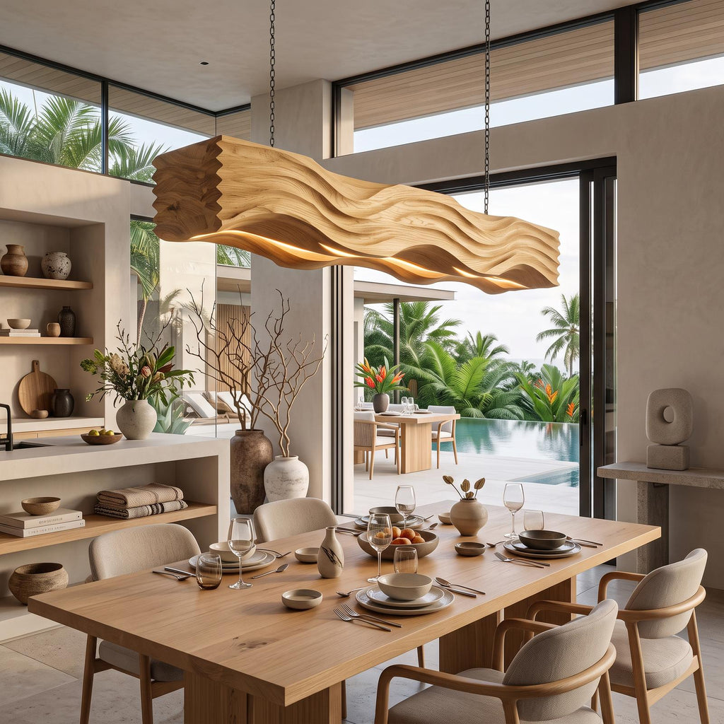 Teezano Sculpted Hanging Lamp, Handcrafted Wooden Pendant Light with Flowing Wave Carvings for Dining Room & Kitchen, RTTHTTCE015