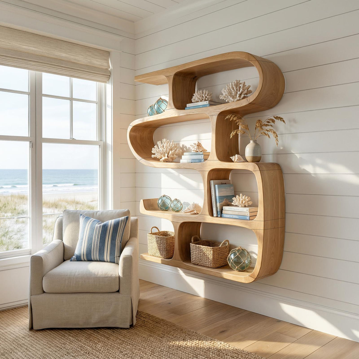 Modern Curved Bookshelf, Stylish Wooden Bookcase & Console Storage Shelf for Hallway & Entryway