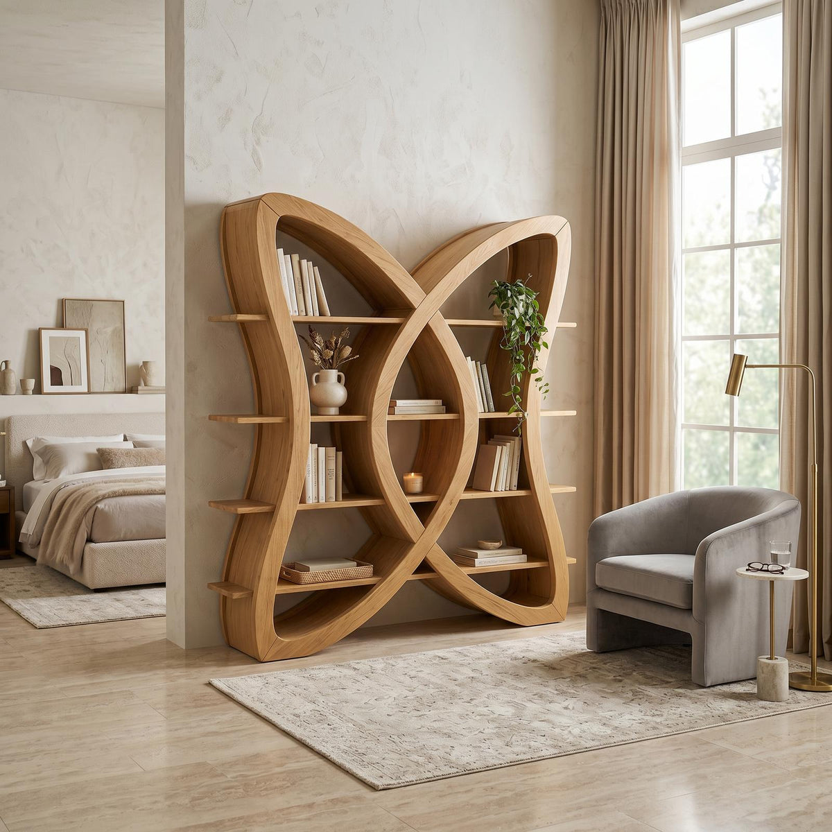 Butterfly Inspired Wooden Bookcase In Organic Style SILDTTRBS037