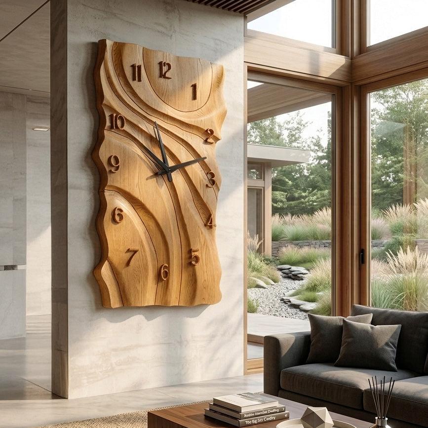 Rustic Wooden Wall Clock, Hand-Carved Abstract Geometric Design Wood Clock for Home & Living Room Decor