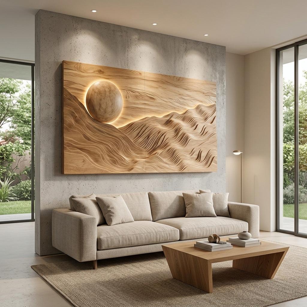 Large Sun Over Mountains Wooden Wall Art, Rustic Sunset Landscape 3D Wood Sculpture Panel for Home
