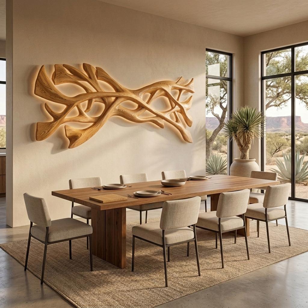 Organic Wood Wall Art, 3D Abstract Wave Hand-Carved Wooden Sculpture Panel for Contemporary Home Accent