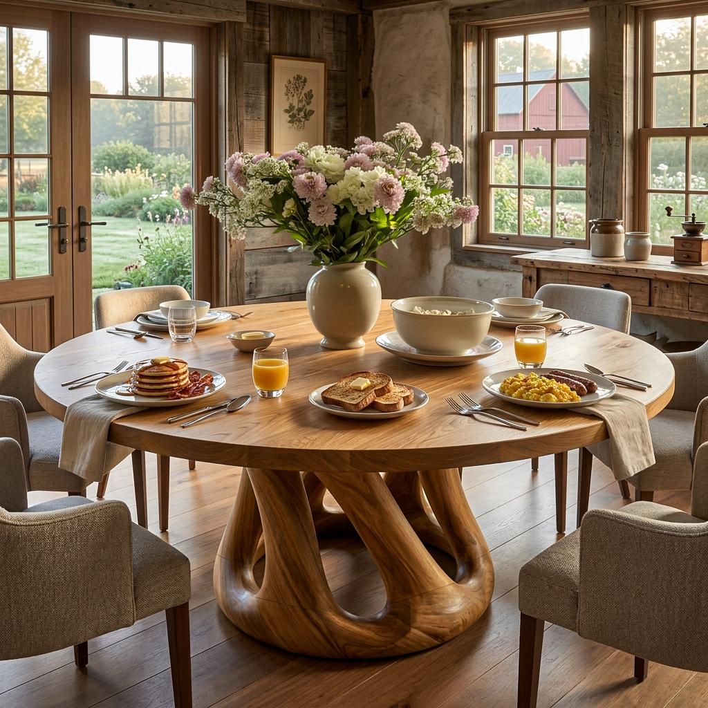 Spry Interior Modern Wooden Dining Table with Column Pedestal Base, Round Solid Wood Kitchen Table, Model RTTHTTDN056