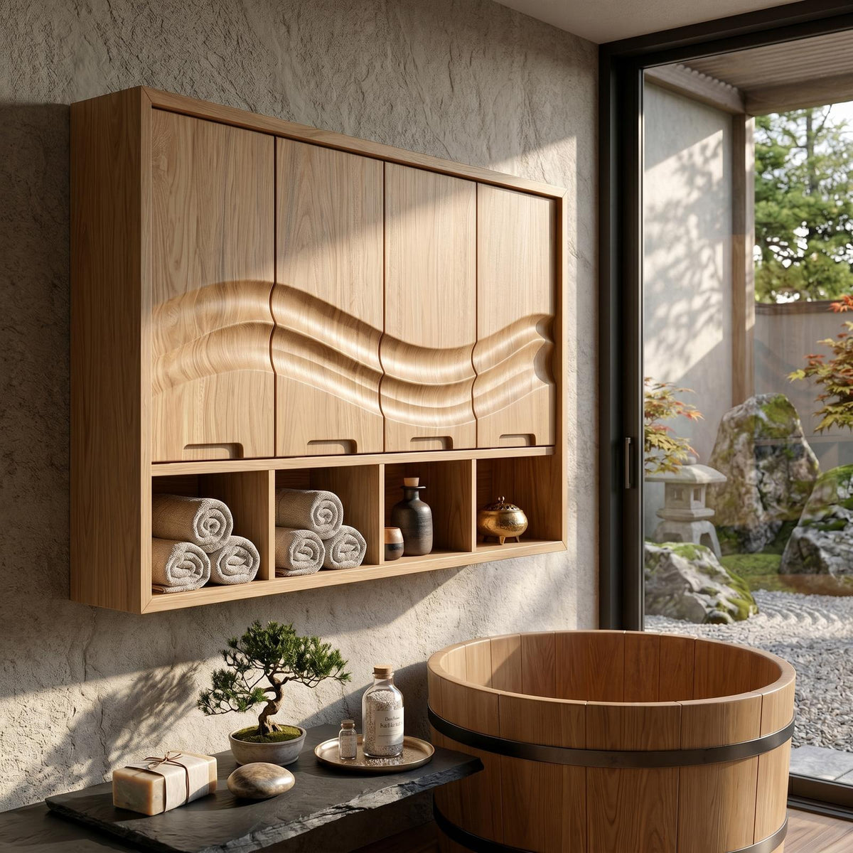 Spry Interior Coastal Wood Wave Front Bathroom Cabinet, Beach House Vanity & Restroom Storage Credenza, SILDTTRBRC007
