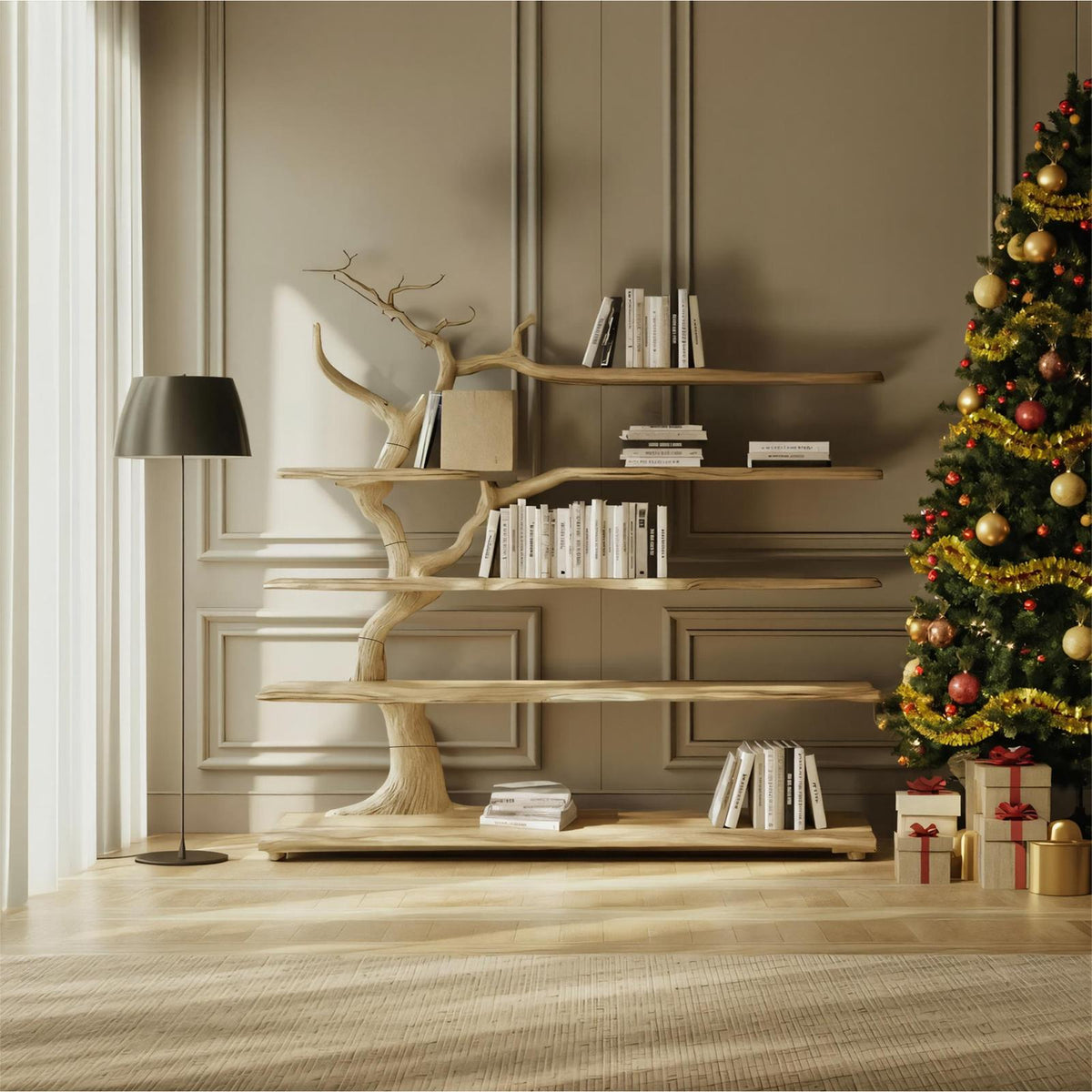 Rustic Organic Decorative Tree Shelf, Solid Wood Branch Bookshelf & Artistic Storage Display for Reading Room, Lounge