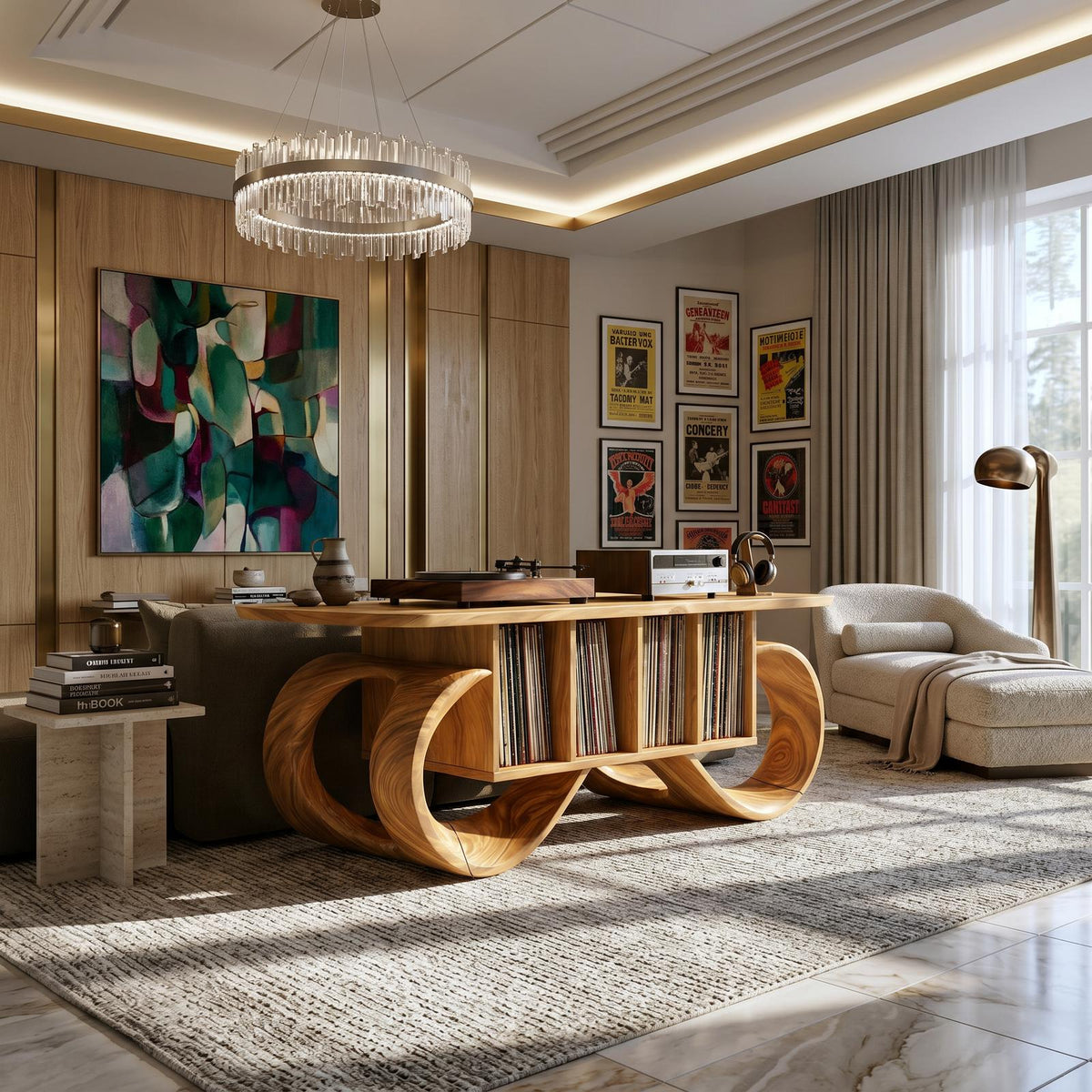Sculptural Loop Record Player Console, Handcrafted Curved Wood Turntable Stand & Vinyl Storage Cabinet, Model