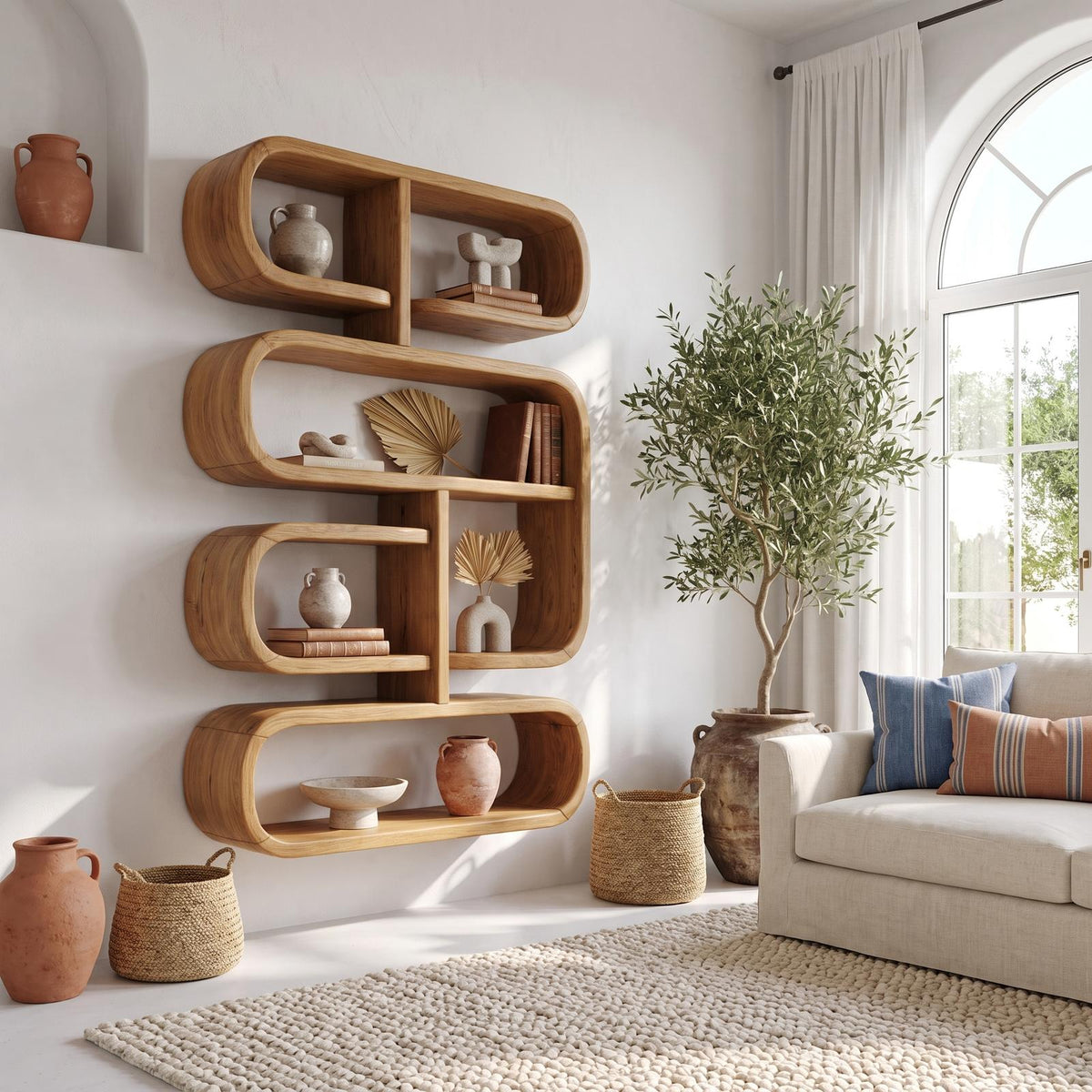Mid-Century Live Edge Floating Shelf, Rustic Solid Wood Wall Mounted Display Shelf for Living Room