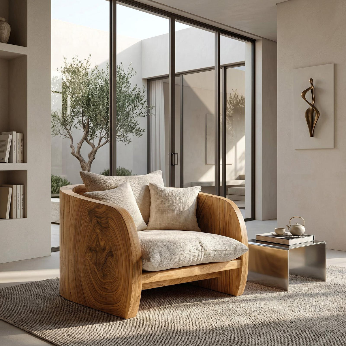 Modern Sculptural Armchair With Wrap-Around Backrest For Reading Corner