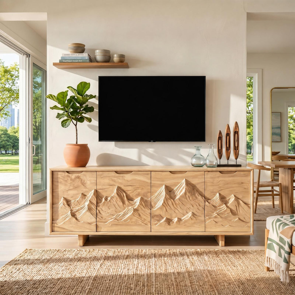 Mountain Carved Wood Media Console Table, Handcrafted Rustic 3D Forest TV Stand for Cabin Living Room Decor