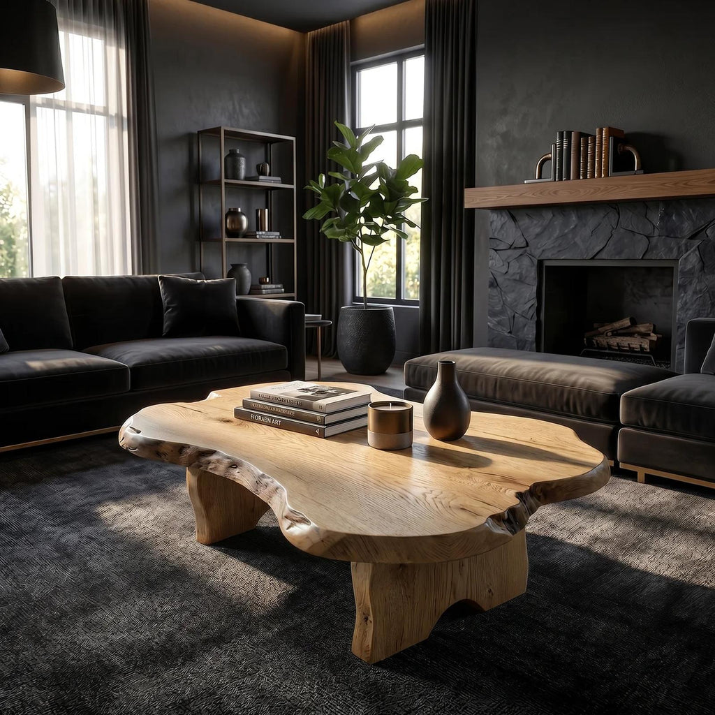 Rustic Live Edge Solid Wood Coffee Table, Natural Wood Slab Center Table for Cabin Fireplace Room and Living Room