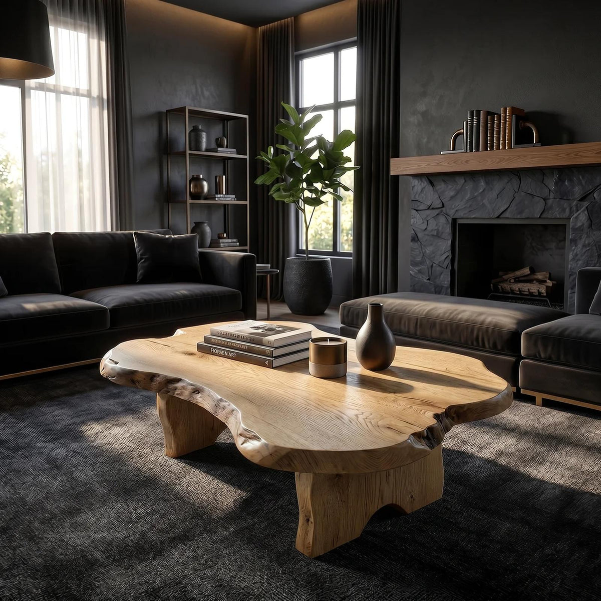 Rustic Live Edge Solid Wood Coffee Table, Natural Wood Slab Center Table for Cabin Fireplace Room and Living Room