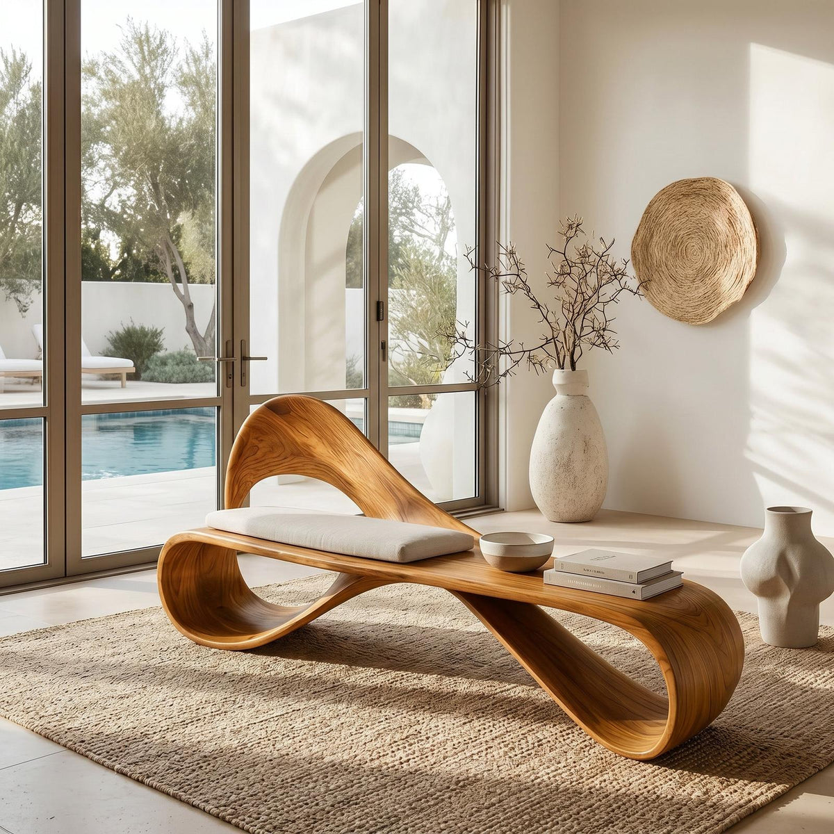 Modern Wooden Bench With Sculptural Curved Backrest For Reading Nook