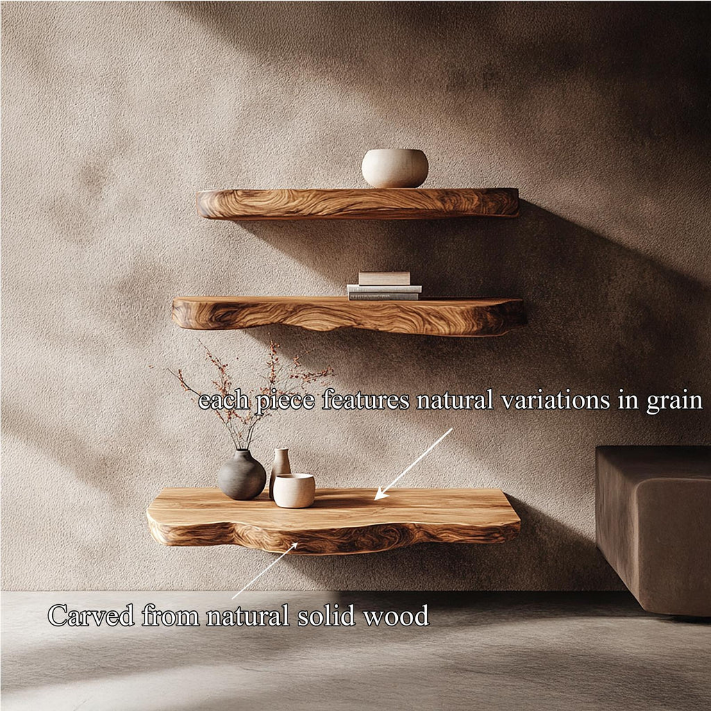 Rustic Nature Inspired Floating Display Shelves Solid Wood Living Room Interior Statement Feature