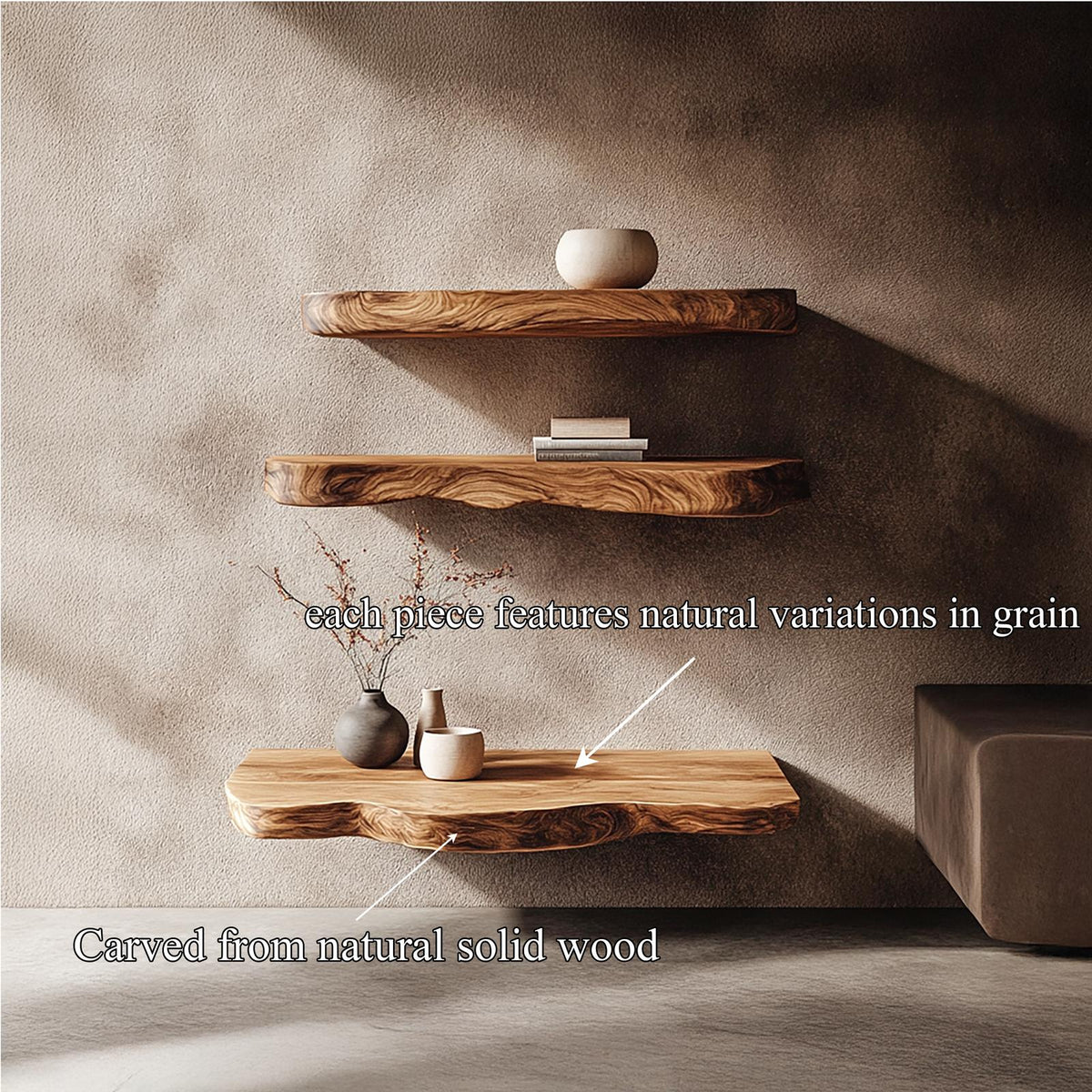 Rustic Nature Inspired Floating Display Shelves Solid Wood Living Room Interior Statement Feature