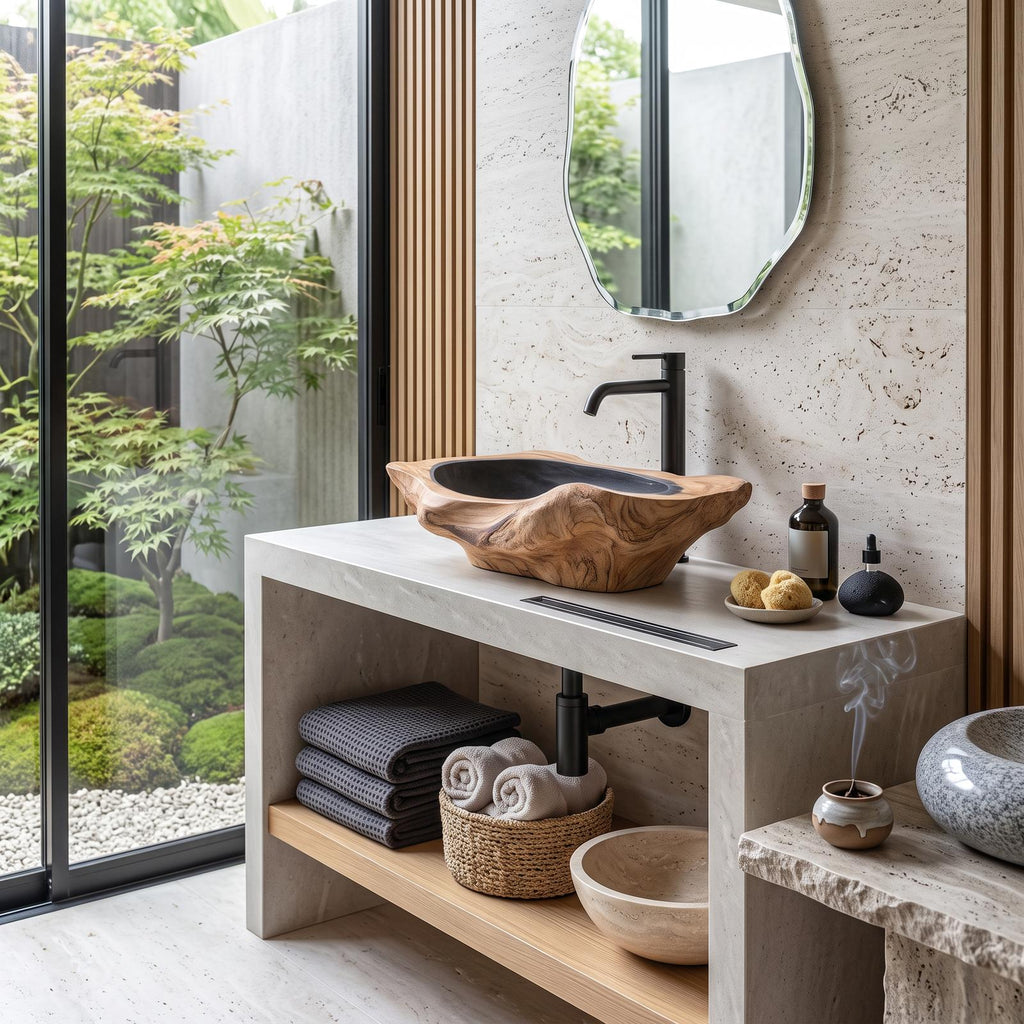 Handcrafted Solid Wood Sink, Live Edge Wooden Vessel Wash Basin Bowl with Natural Wood Grain Texture for Farmhouse Bathroom Vanity