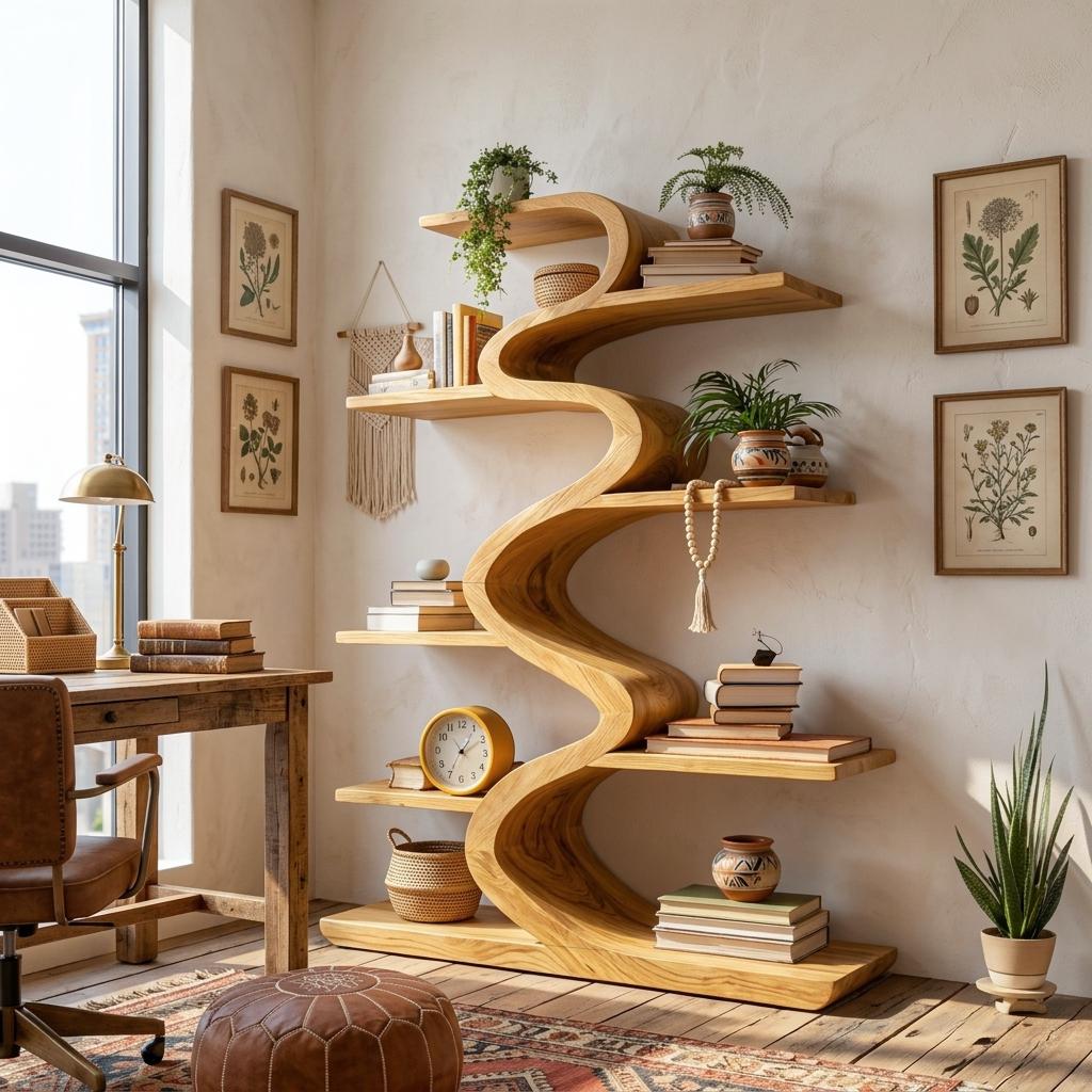 Modern Wooden Bookshelf with Flowing Form, Handcrafted Solid Wood Bookcase for Living Room & Home Library Display