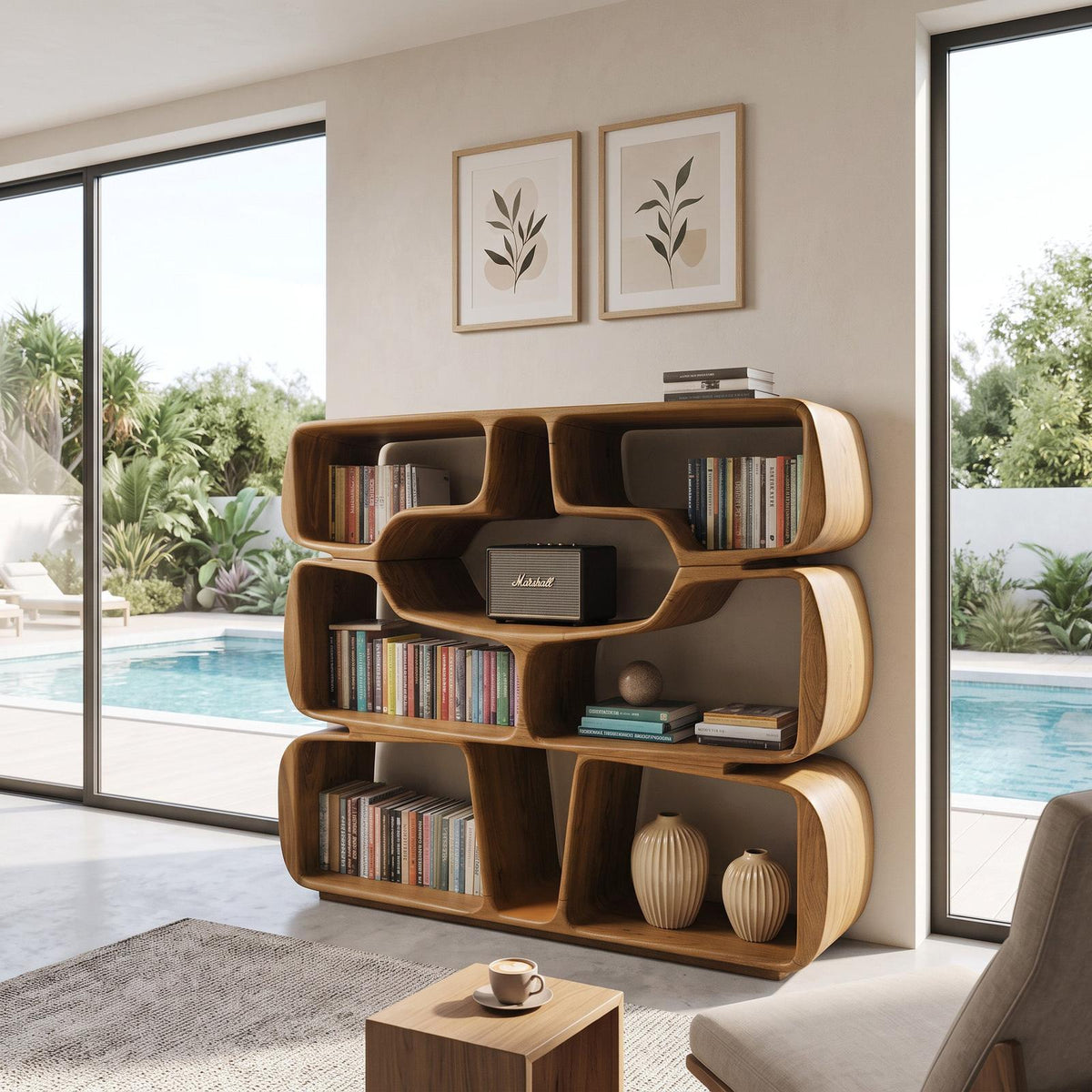 Modern Sculptural Bookshelf with Organic Curves, Handcrafted Solid Wood Standing Bookcase for Living Room & Office