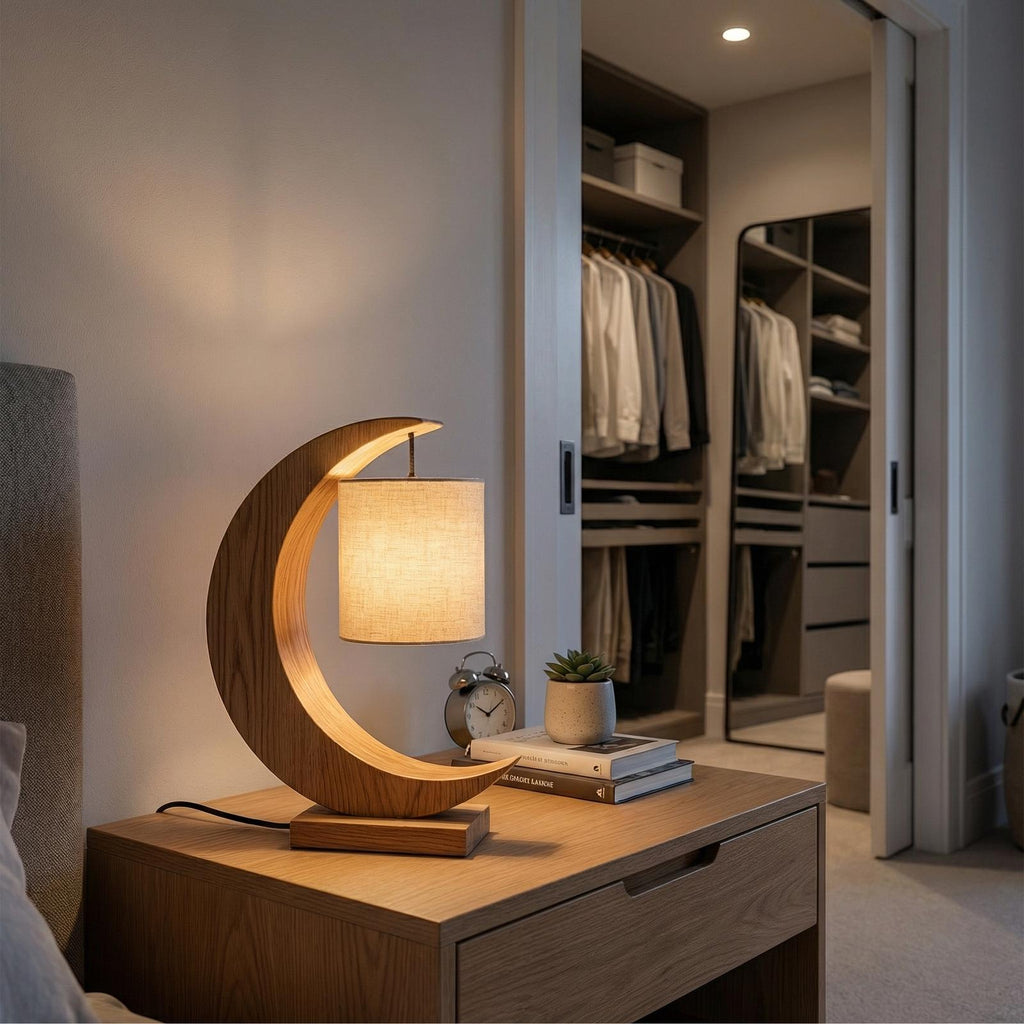 Minimalist Sculptural Table Lamp, Modern Wood Bedside Nightstand Light for Bedroom Reading Nook