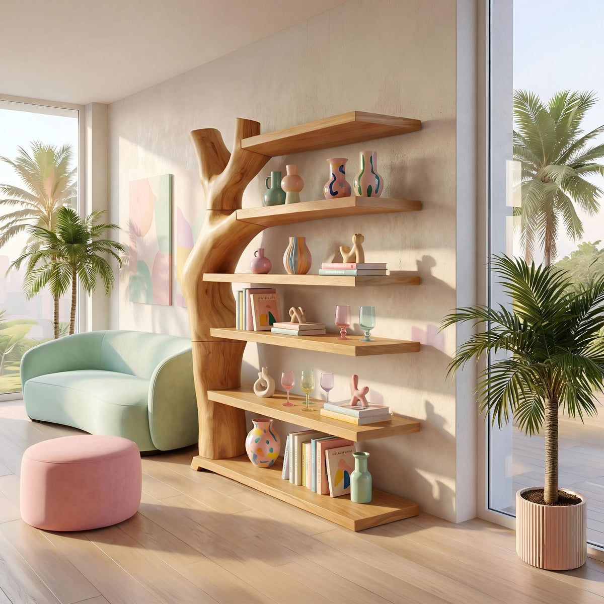 Modern Artistic Bookshelf, Unique Wood Display Organizer Unit, Books & Decorative Shelving for Living Room Office
