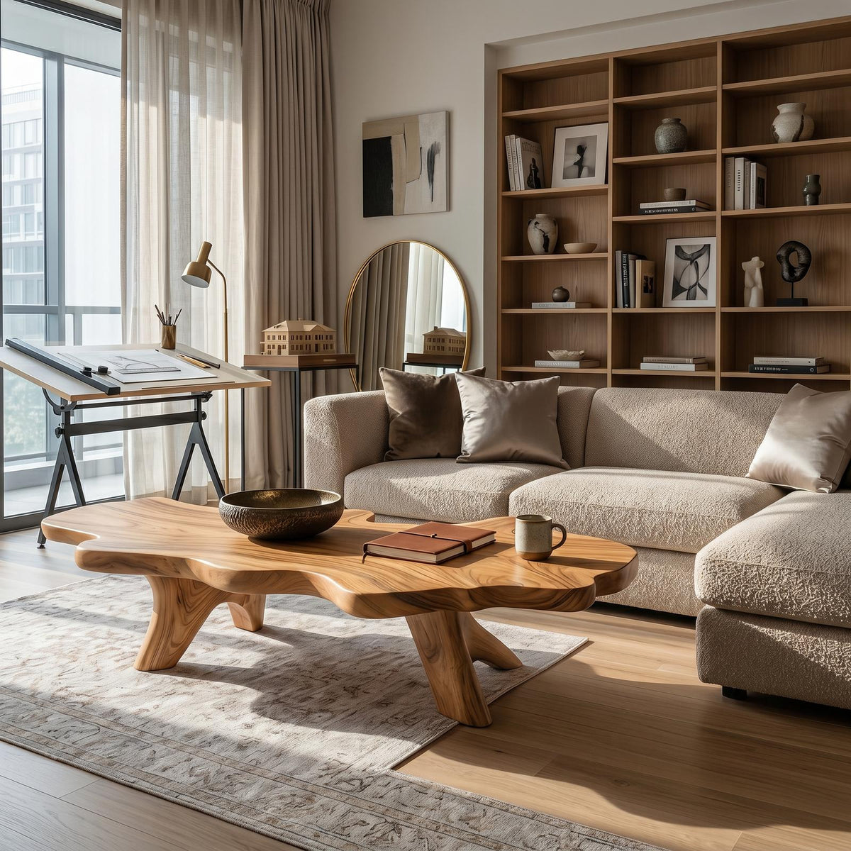 Handcrafted Solid Wood Low Coffee Table, Live Edge Natural Wood Center Table for Artisan Living Rooms