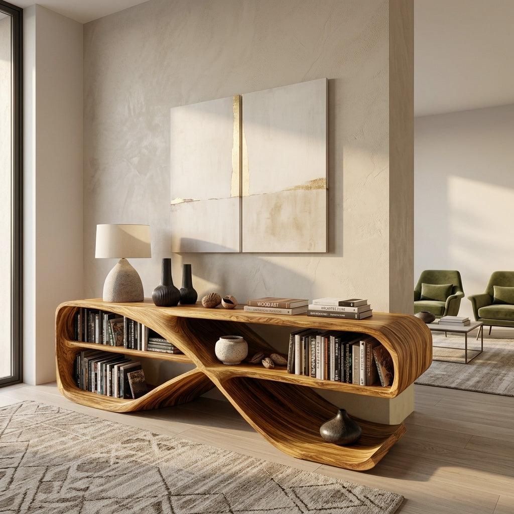 Modern Organic Wooden Console Table, Handcrafted Solid Wood Entryway Table for Living Room & Hallway Decor, Model