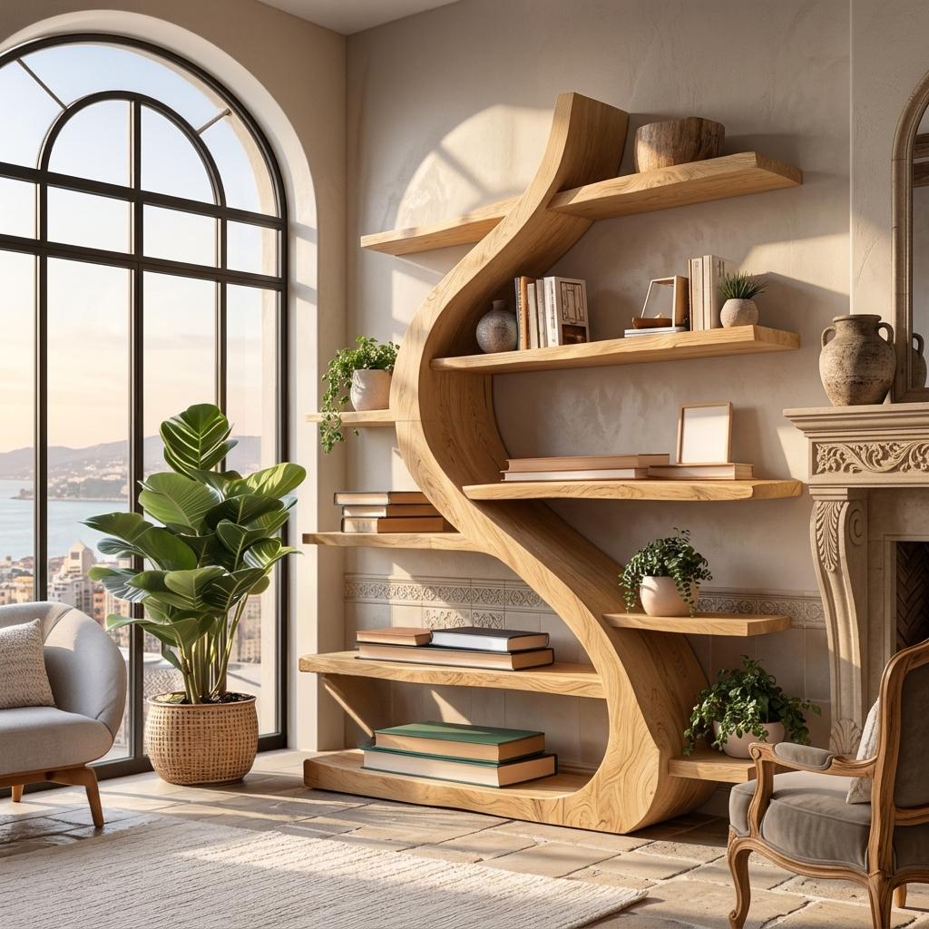 Organic Wooden Bookshelf Soft Curved Design For Home Decor