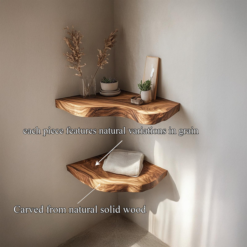 Rustic Live Edge Corner Floating Shelves Solid Wood Living Room Interior Display