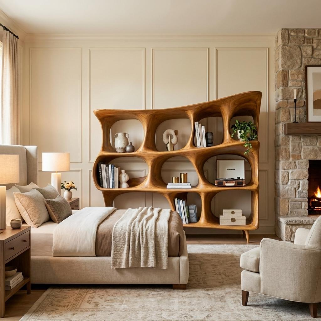 Organic Carved Bookshelf, Handcrafted Solid Wood Standing Bookcase for Living Room Display & Home Office Storage
