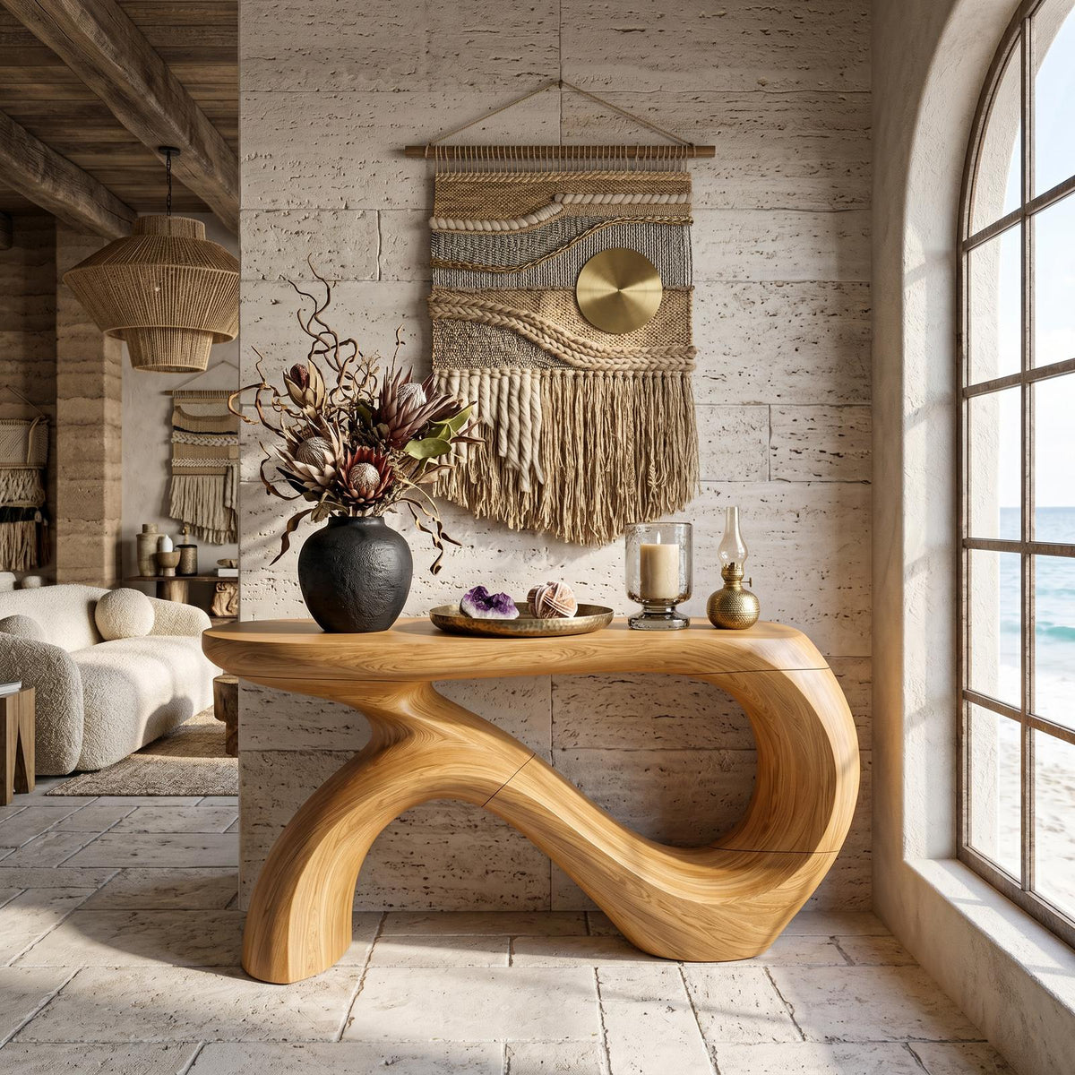Modern Curved Console Table, Solid Wood Entryway Accent Sofa Table for Living Room