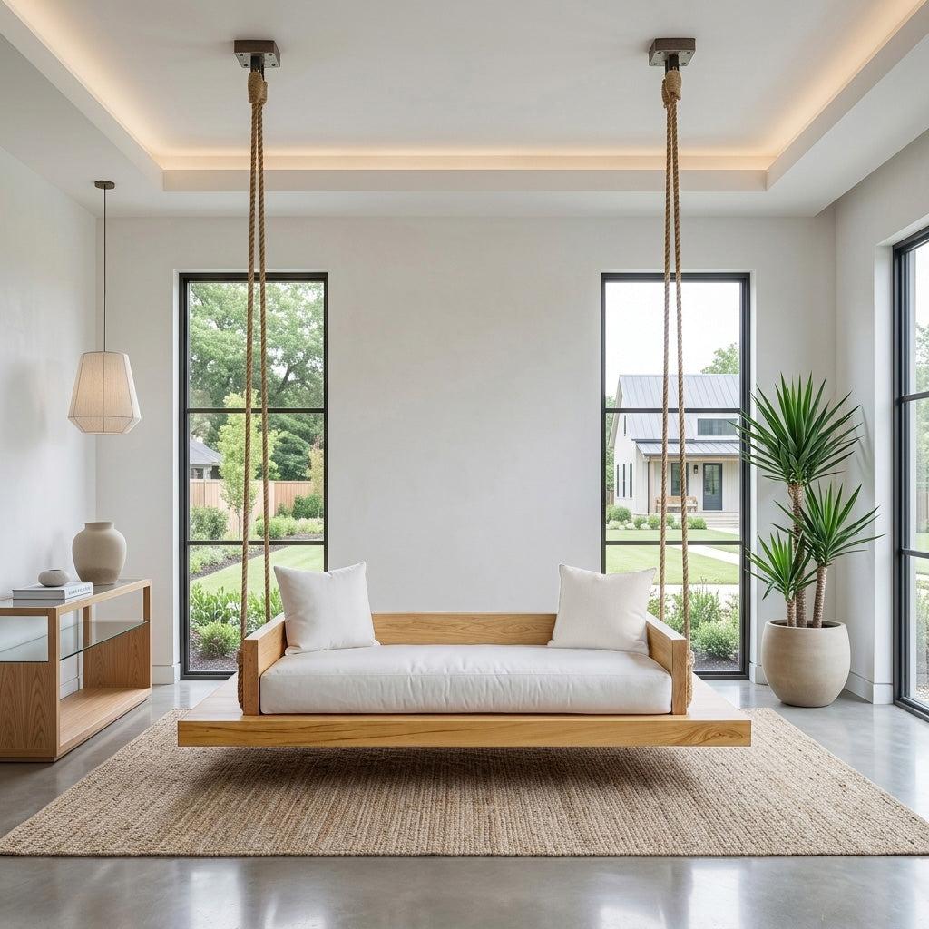 Modern Hanging Ceiling Swing, Handcrafted Solid Wood Indoor Swing Chair for Living Room & Studio