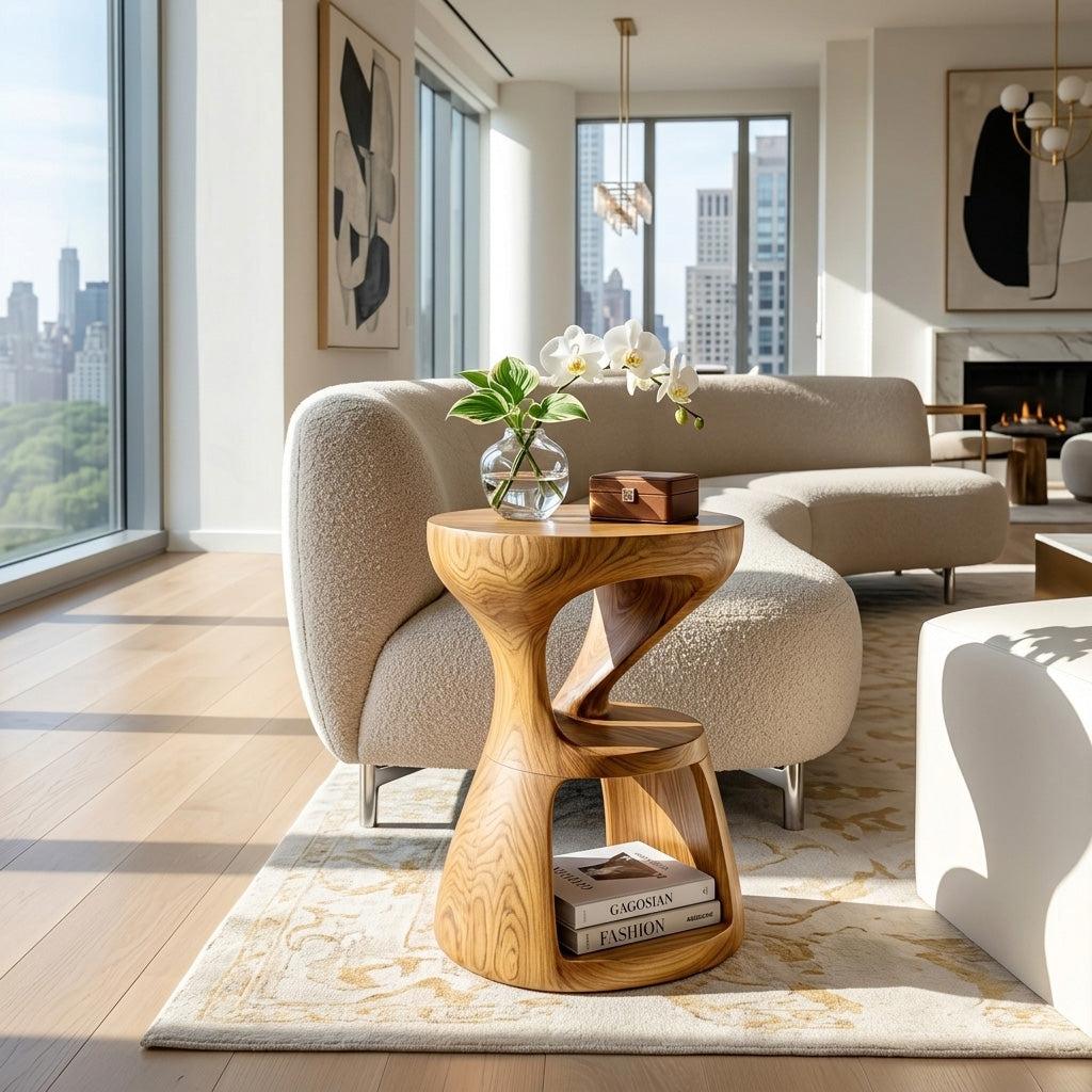 Modern Sculptural Side Table, Handcrafted Solid Wood End Table & Nightstand for Living Room Lounge, Model