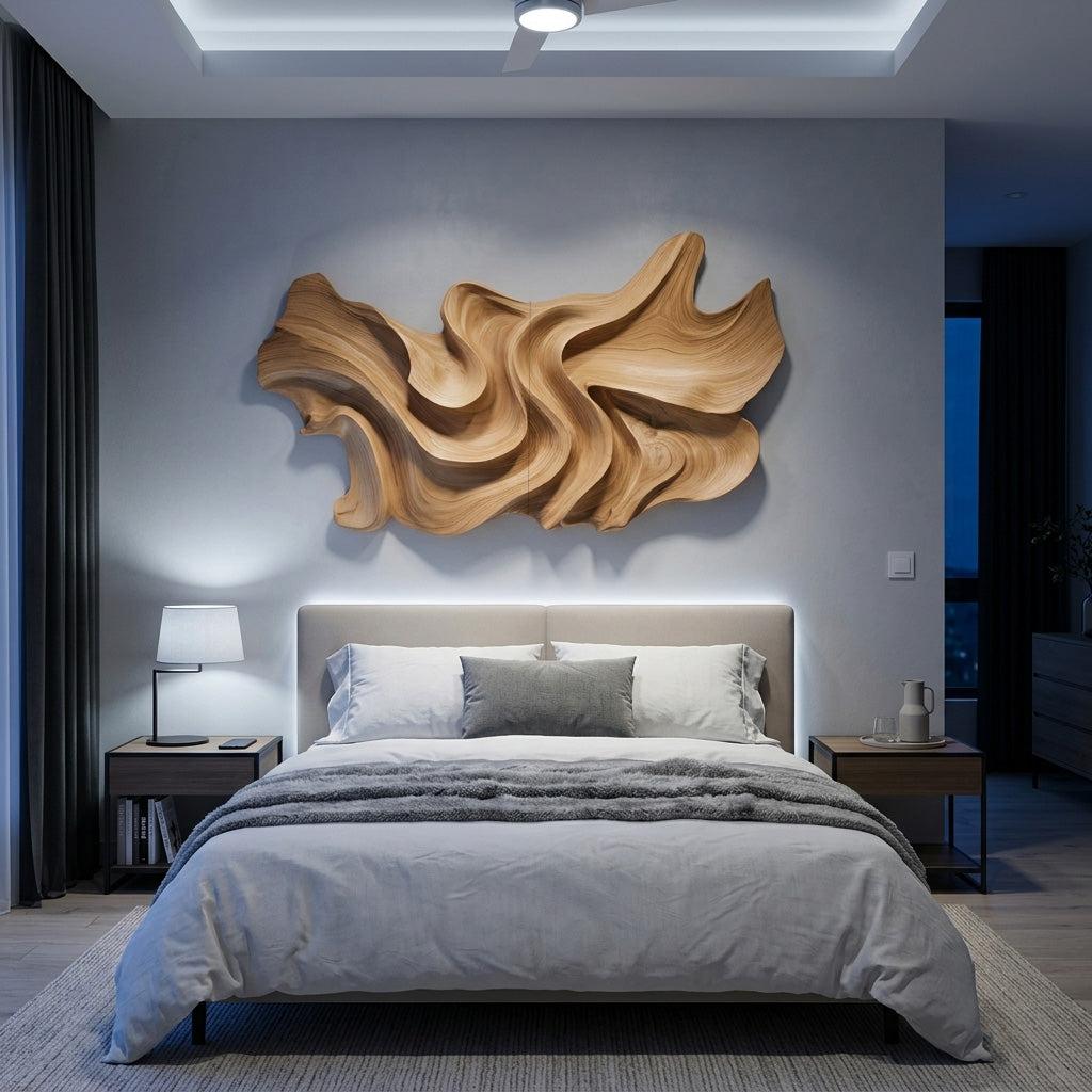 Modern Sculptural Wood Wall Art, 3D Hand-Carved Abstract Geometric Wooden Wall Hanging Panel for Living Room & Bedroom